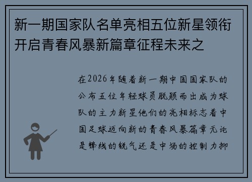 新一期国家队名单亮相五位新星领衔开启青春风暴新篇章征程未来之
